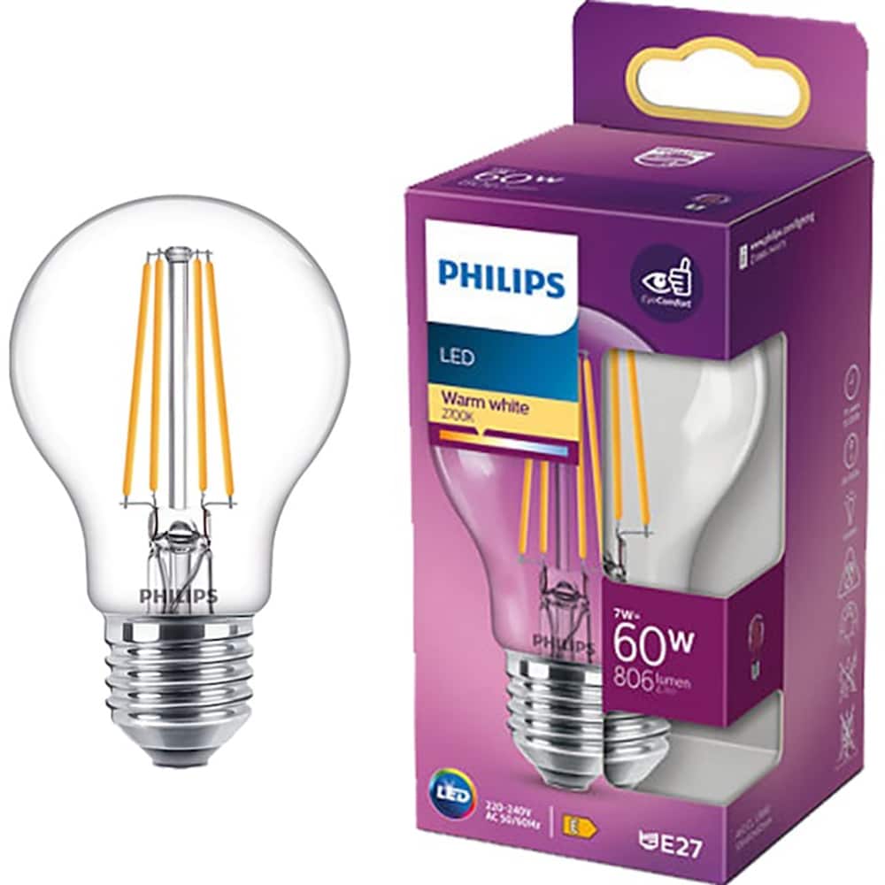 Bec filament PHILIPS Clear A60, E27, 7W, 806lm, lumina calda