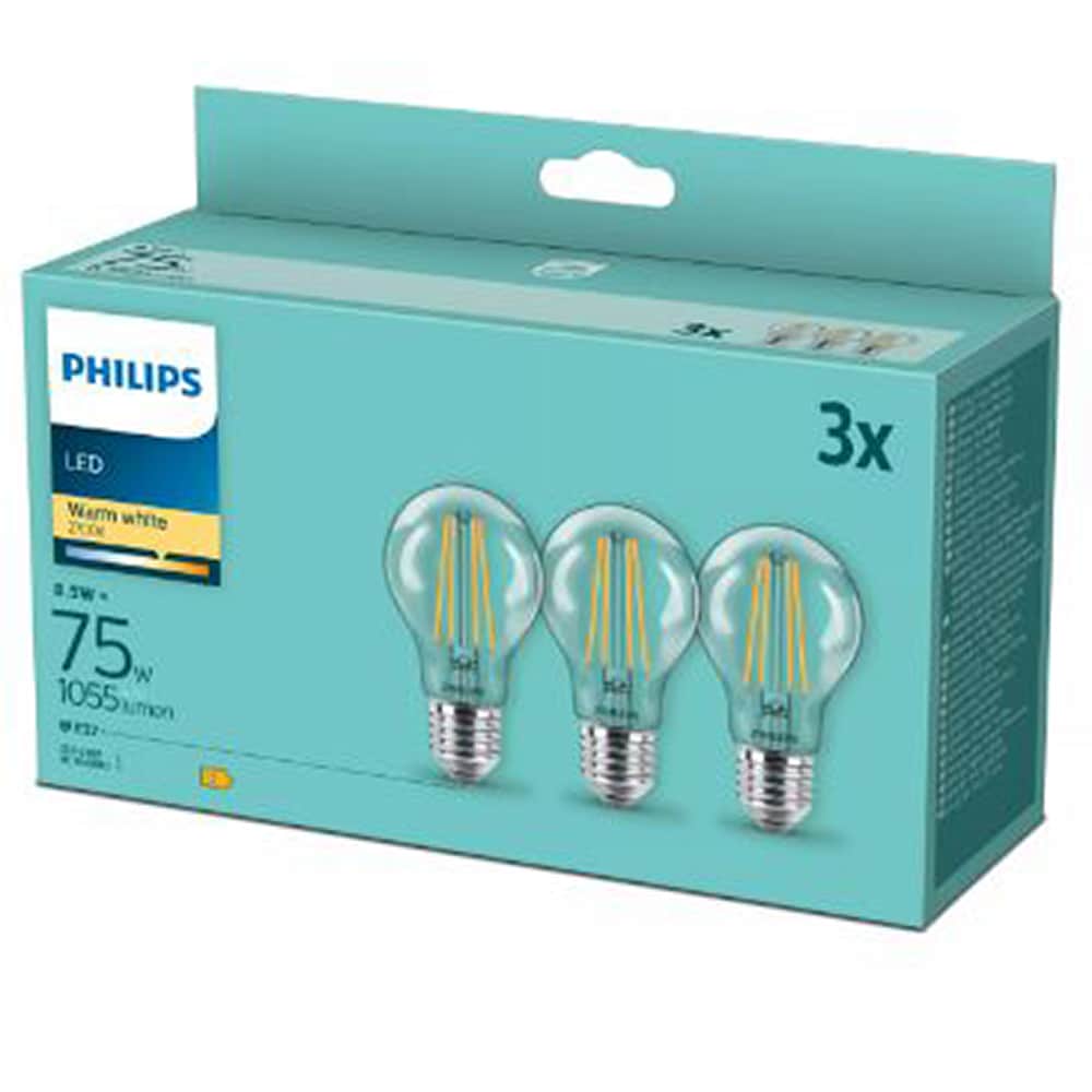 Set 3 becuri LED PHILIPS 8718699696955, 8.5W, A60, E27, lumina calda
