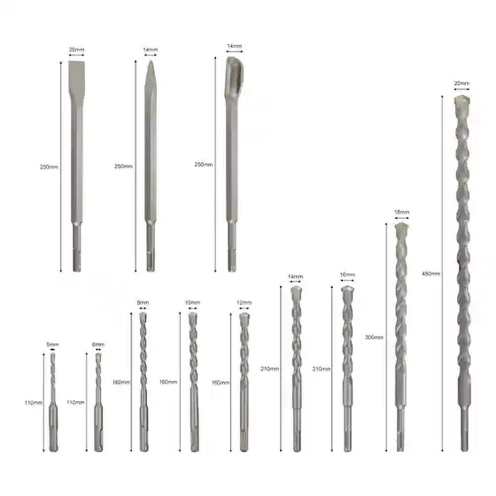 Trusa burghie si dalti zidarie SDS Plus MAC ALISTER, otel, 12buc, argintiu