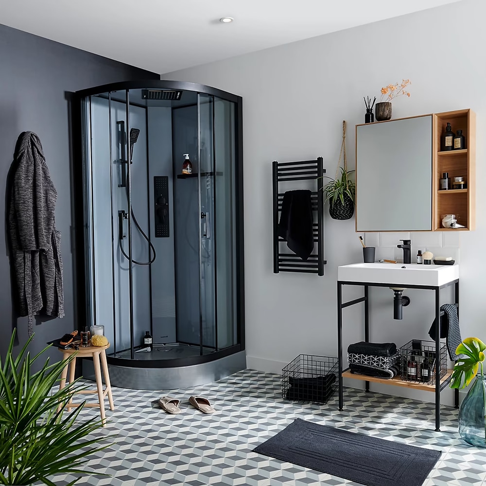 Cabina de dus cu hidromasaj GOODHOME Beloya, 90 x 90 x 220 cm, sticla securizata 6mm, profil negru