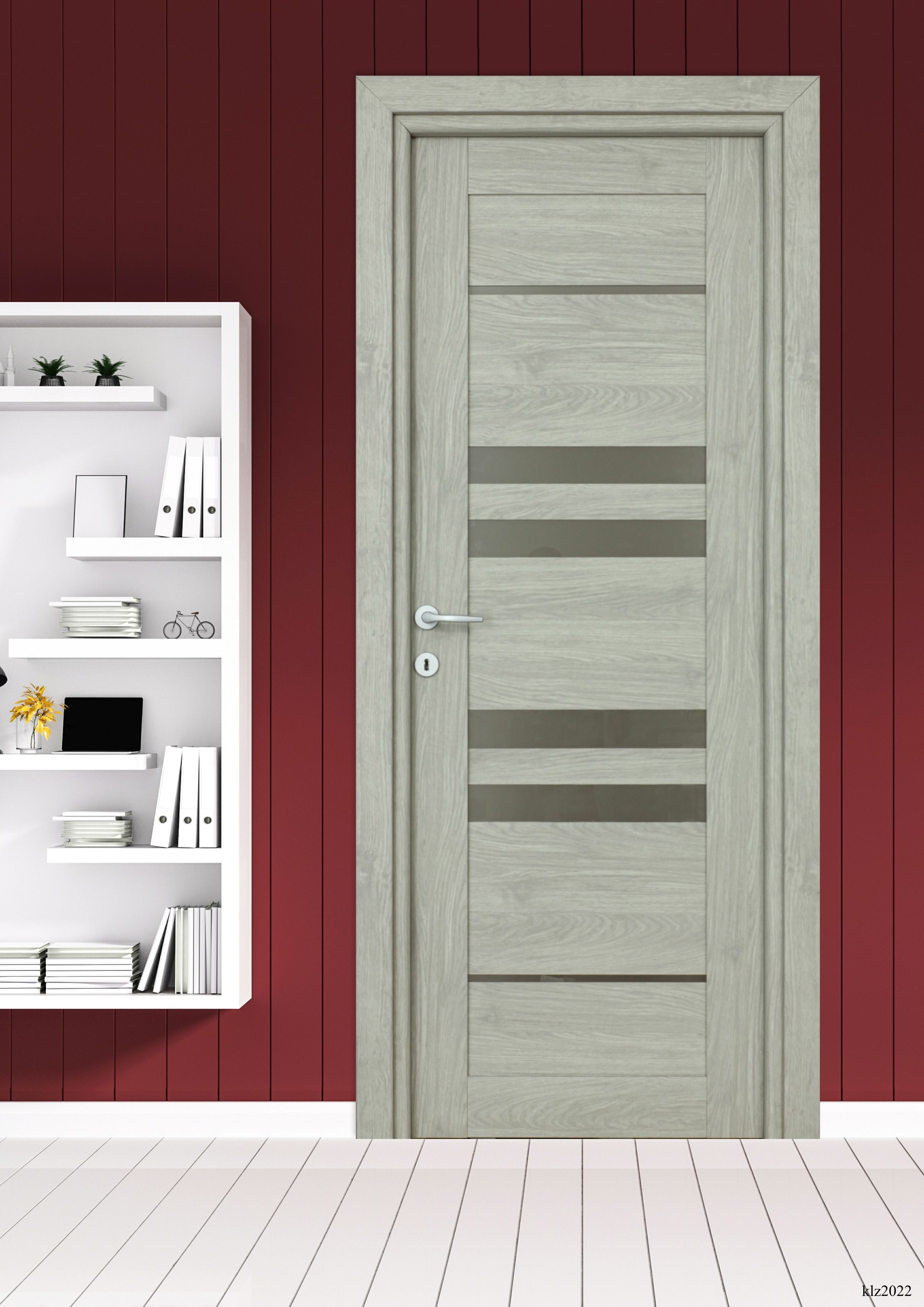 Usa interior Rino, cu geam, reversibila, MDF, 68 x 203 cm, gri deschis