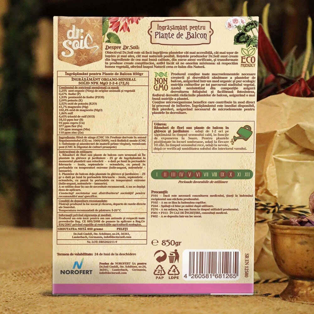 Ingrasamant granulat organic Dr.Soil, plante de balcon, cutie de 850gr
