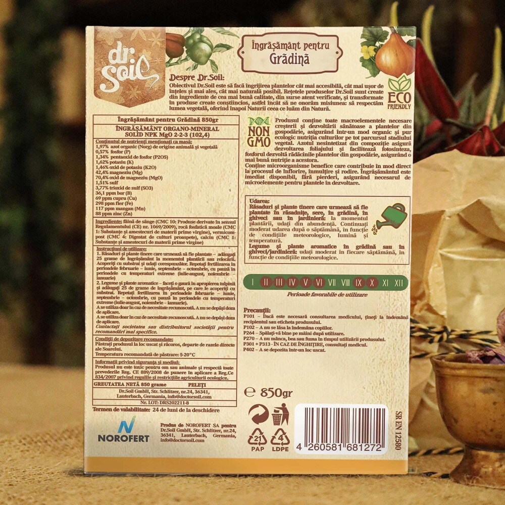 Ingrasamant granulat organic Dr. Soil, gradina, cutie de 850gr