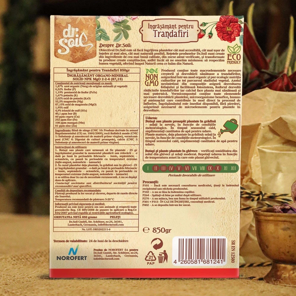 Ingrasamant granulat organic Dr. Soil, pentru trandafiri, cutie de 850gr