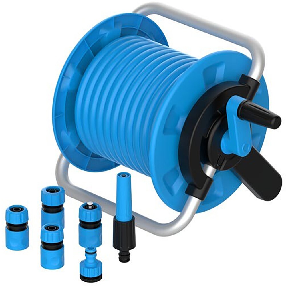 Kit derulator cu furtun si fitinguri, 15 m, plastic si otel, albastru