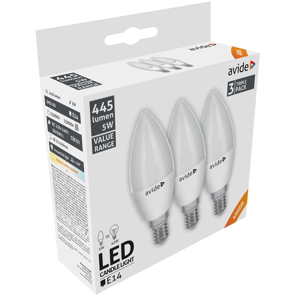 Set 3 becuri LED AVIDE, E14, 5W, 445lm, lumina neutra