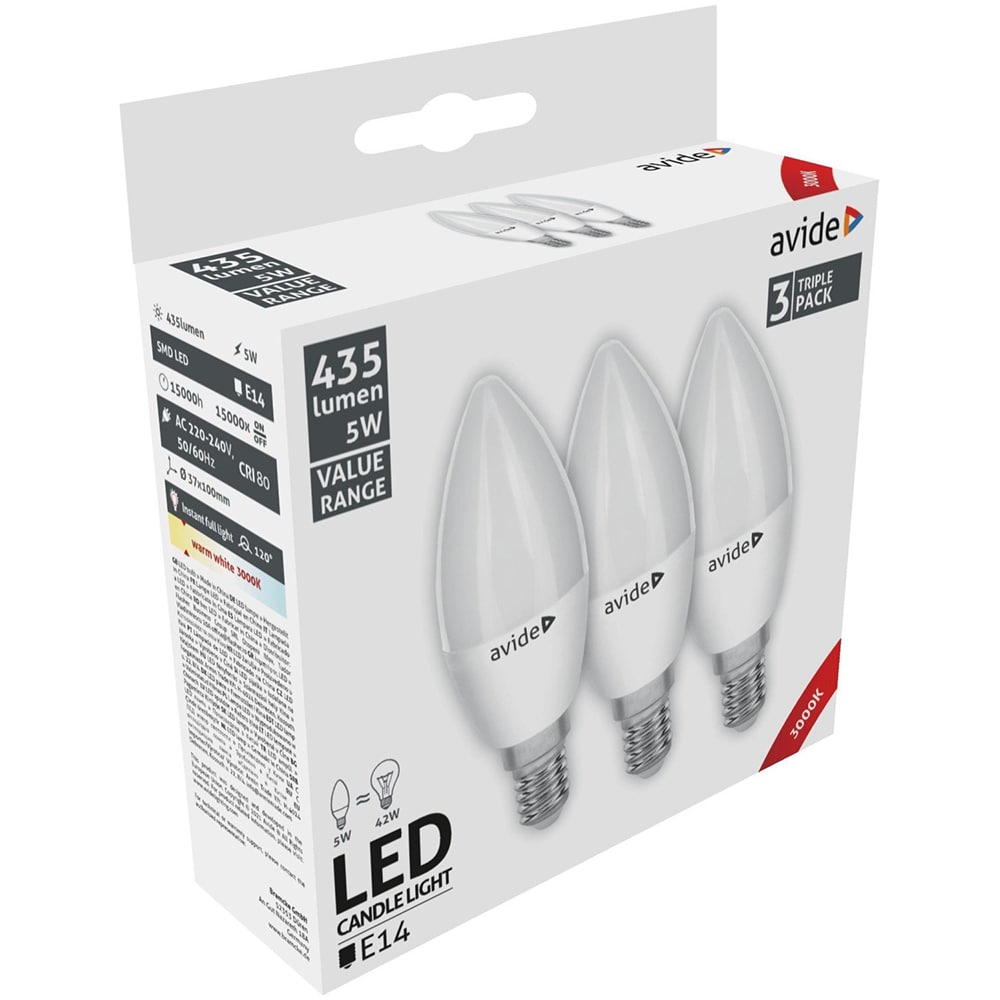 Set 3 becuri LED AVIDE, E14, 5W, 445lm, lumina calda