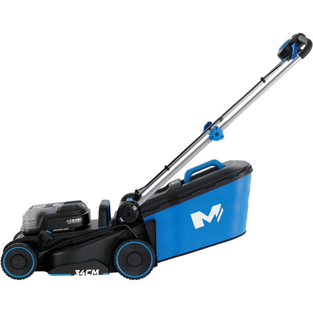 Masina de tuns iarba pe acumulator MAC ALLISTER, Electrica, 18V, 5Ah, latime taiere 34 cm, cos 35L, albastru-negru