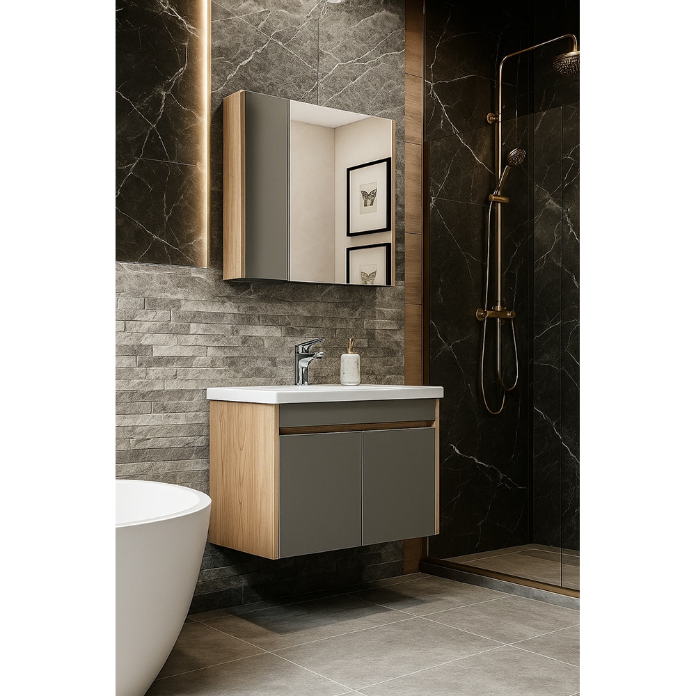 Set mobilier baie WOODART Eve, 2 piese, 65cm, maro-gri