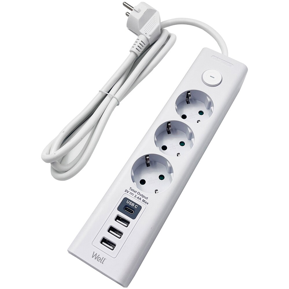 Prelungitor WELL EXTS-3S3M-USBC4-WL, 3 prize, 3500W, IP20, 3m, alb