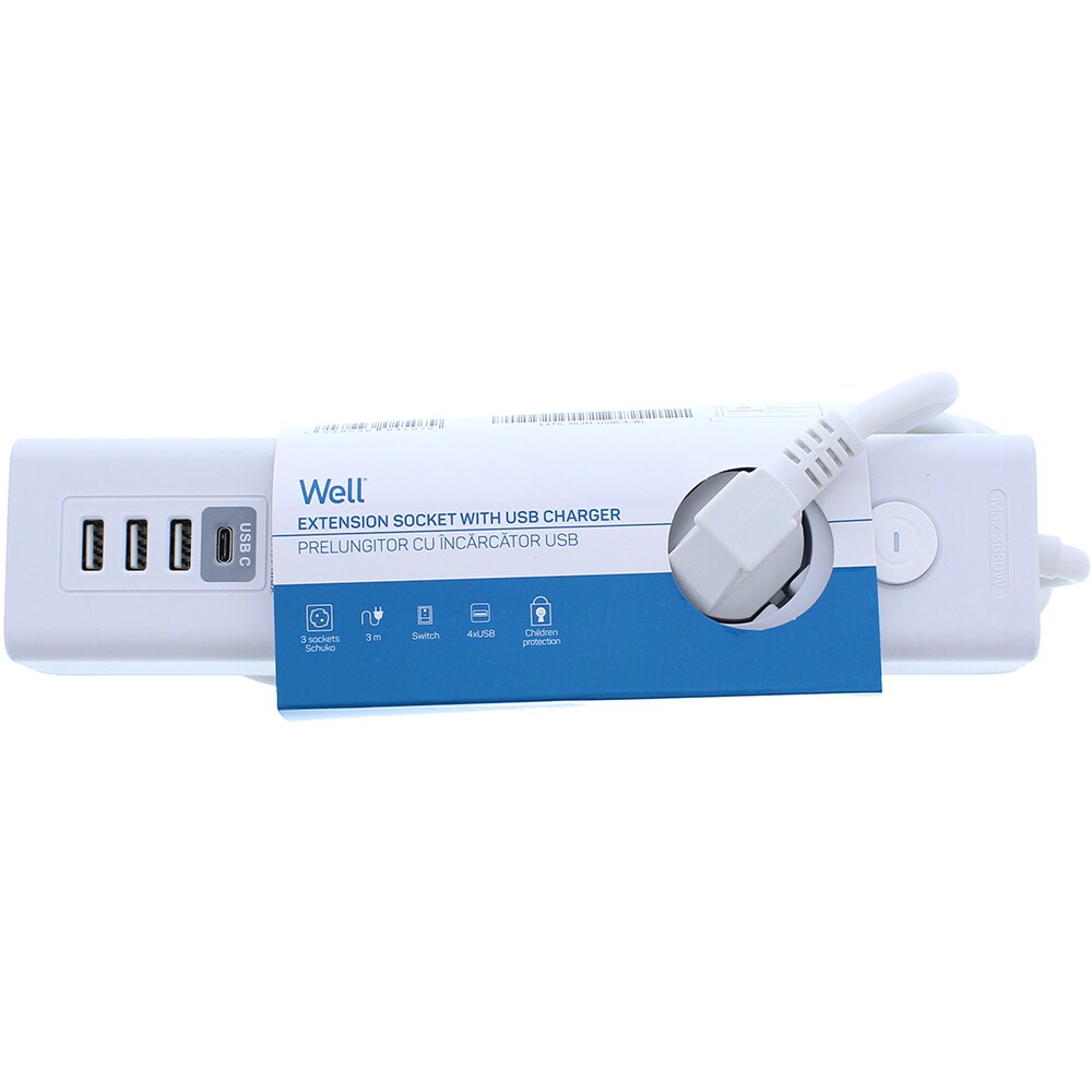 Prelungitor WELL EXTS-3S3M-USBC4-WL, 3 prize, 3500W, IP20, 3m, alb