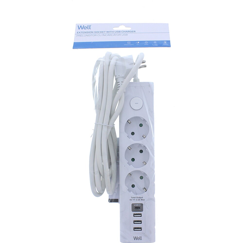 Prelungitor WELL EXTS-3S3M-USBC4-WL, 3 prize, 3500W, IP20, 3m, alb