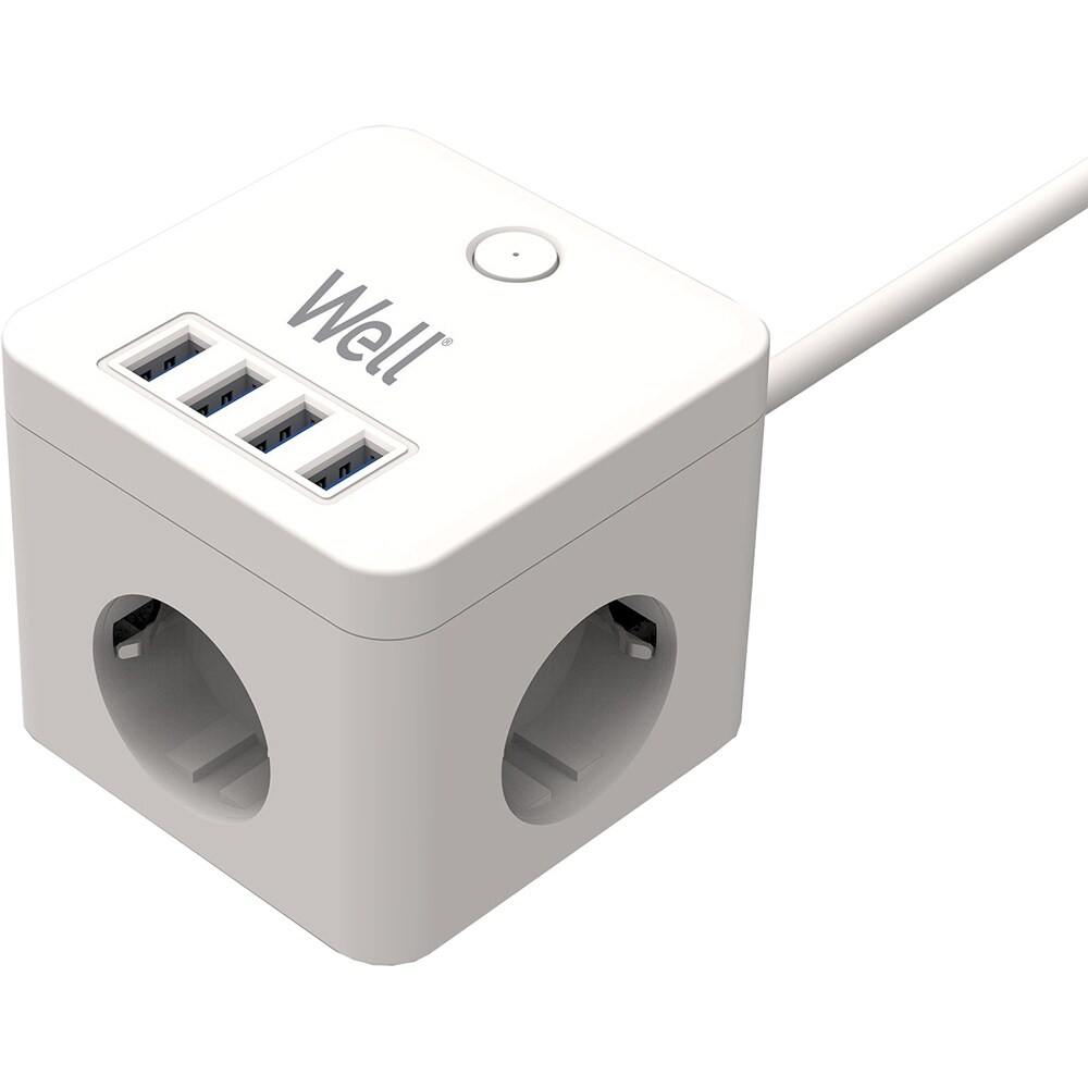 Prelungitor WELL EXTS-3S3M-PROT/USB4, 3 prize, 3500W, IP20, 3m, alb