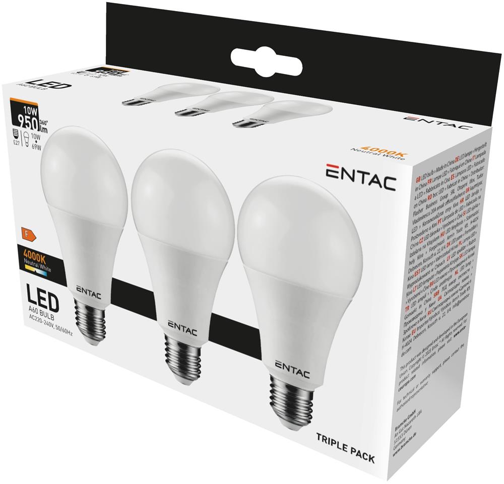 Set 3 becuri LED ENTAC, E27, 10W, 950lm, 4000K