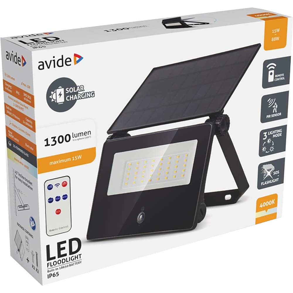 Proiector LED cu panou solar si senzor de miscare AVIDE, 10W, 1300lm, negru