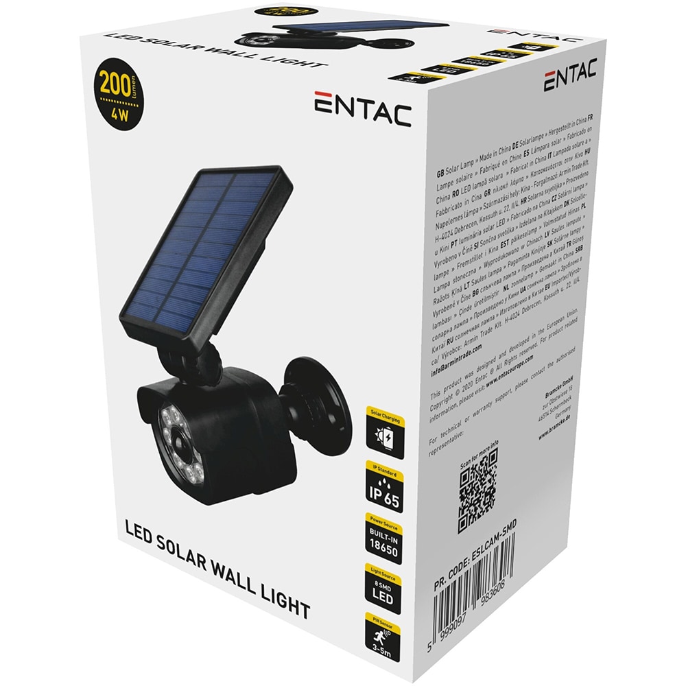 Lampa solara ENTAC ESLCAM-SMD, 4W, IP65, negru