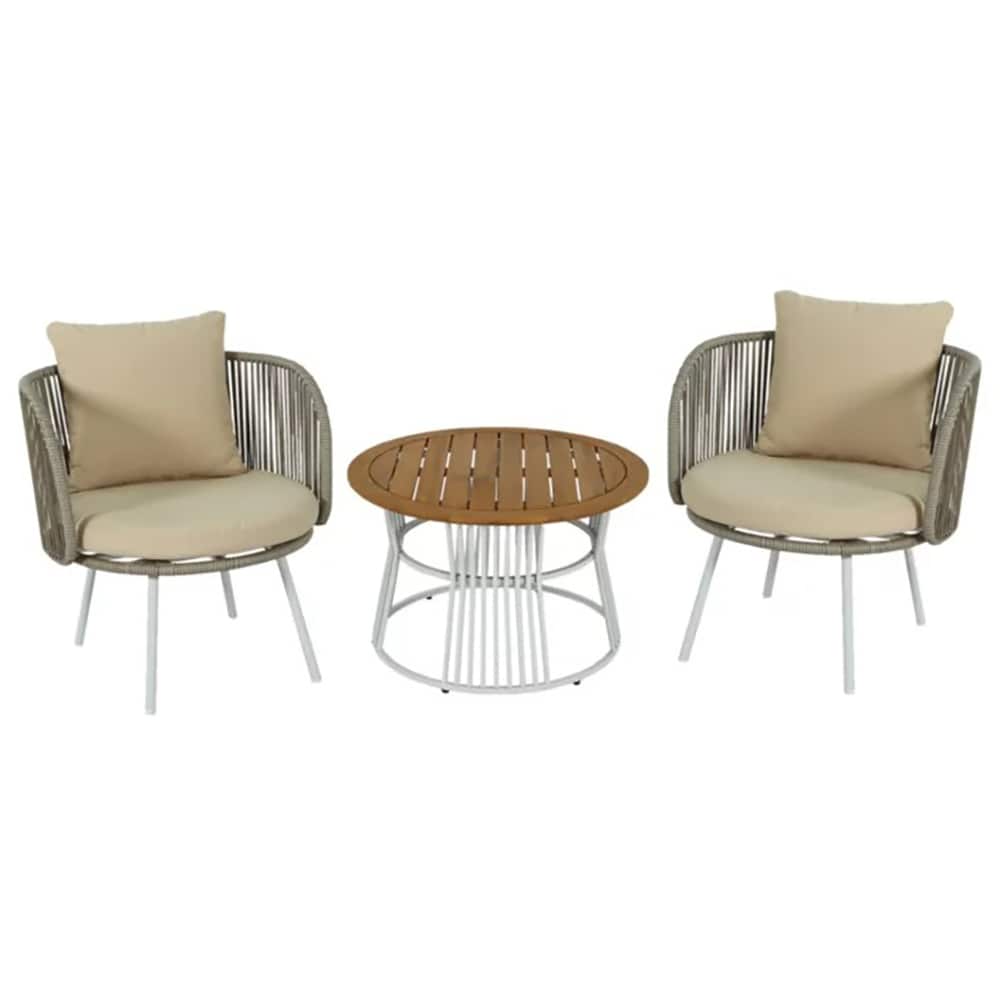 Set mobilier de balcon GOODHOME Nema, perne incluse, lemn si poliester, 3 piese, bej