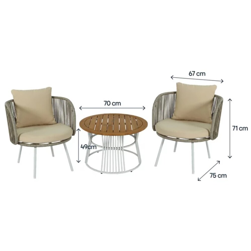 Set mobilier de balcon GOODHOME Nema, perne incluse, lemn si poliester, 3 piese, bej