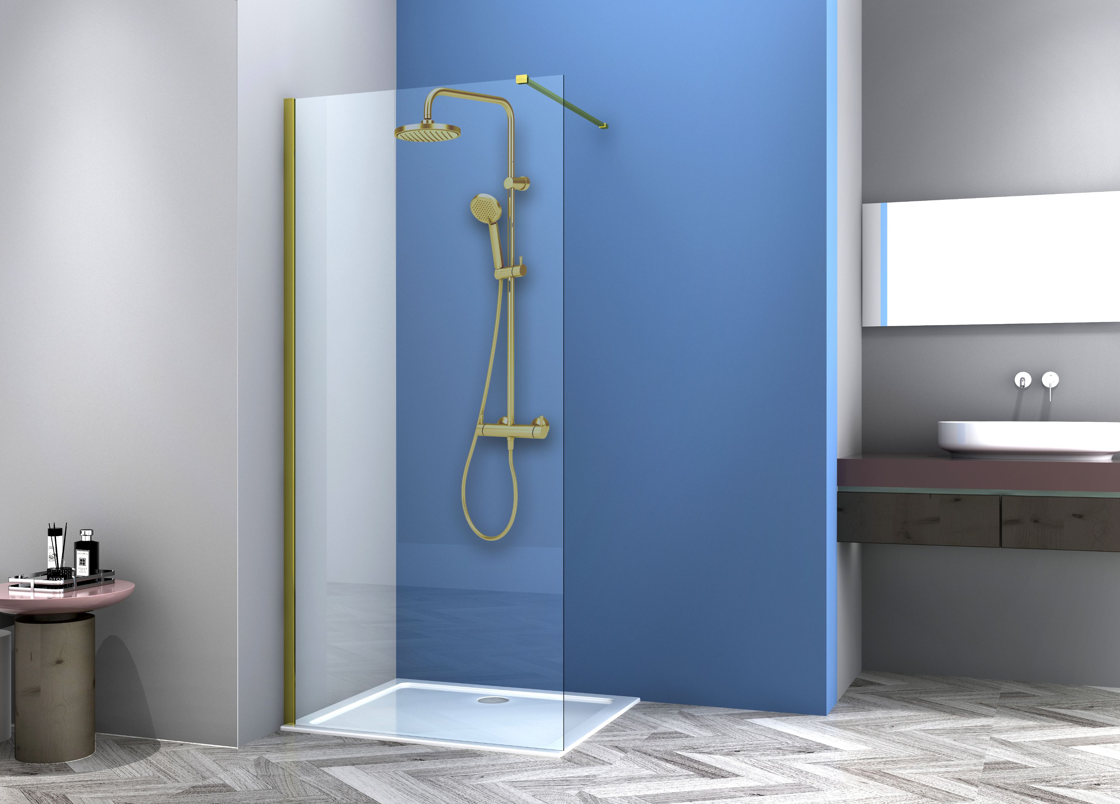 Paravan dus walk-in SANOTECHNIK GF90, 90 x 200 cmm aluminiu, sticla securizata transparenta 6mm, profil auriu