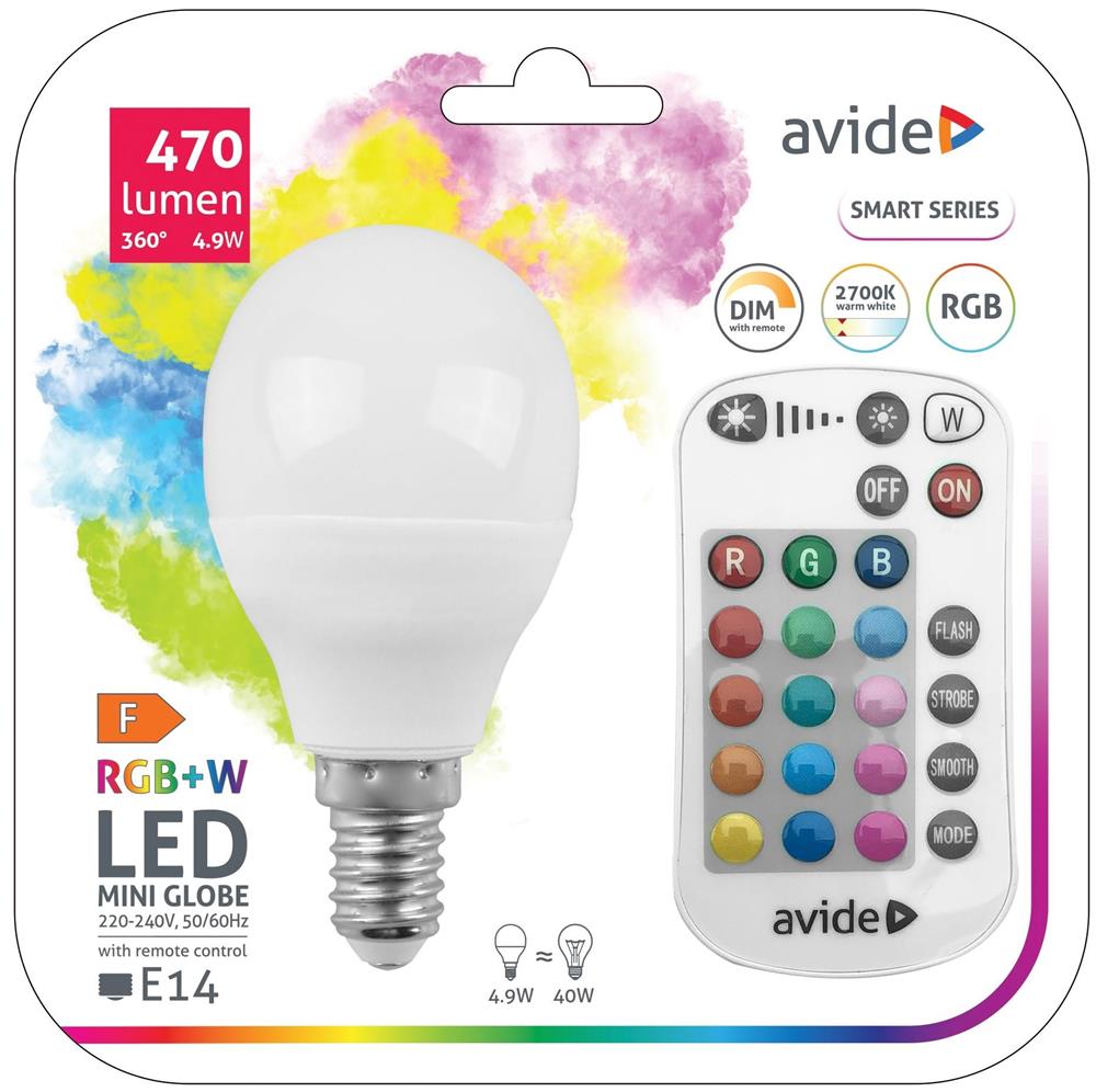 Bec LED smart AVIDE ASMG14RGBW-4.9W-RC, E14, 4.9W, 470lm, 2700K