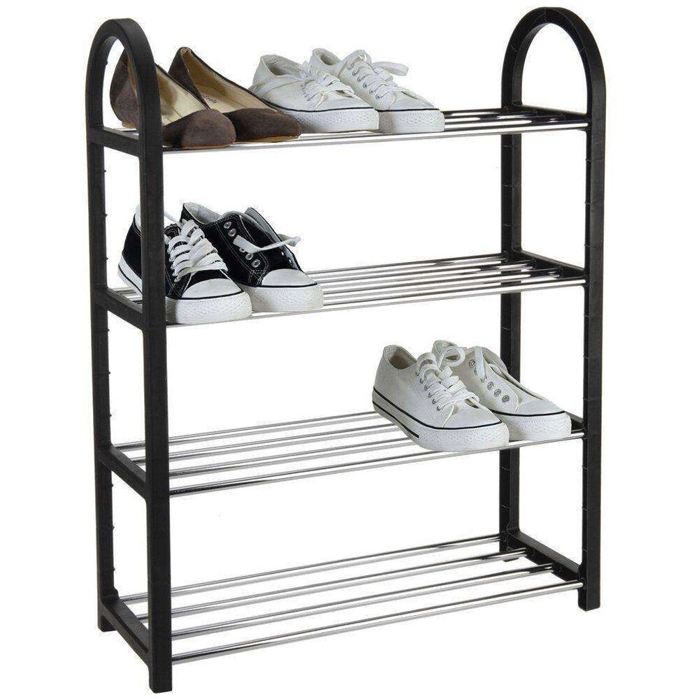 Suport incaltaminte, 4 polite, plastic/metal, negru-crom