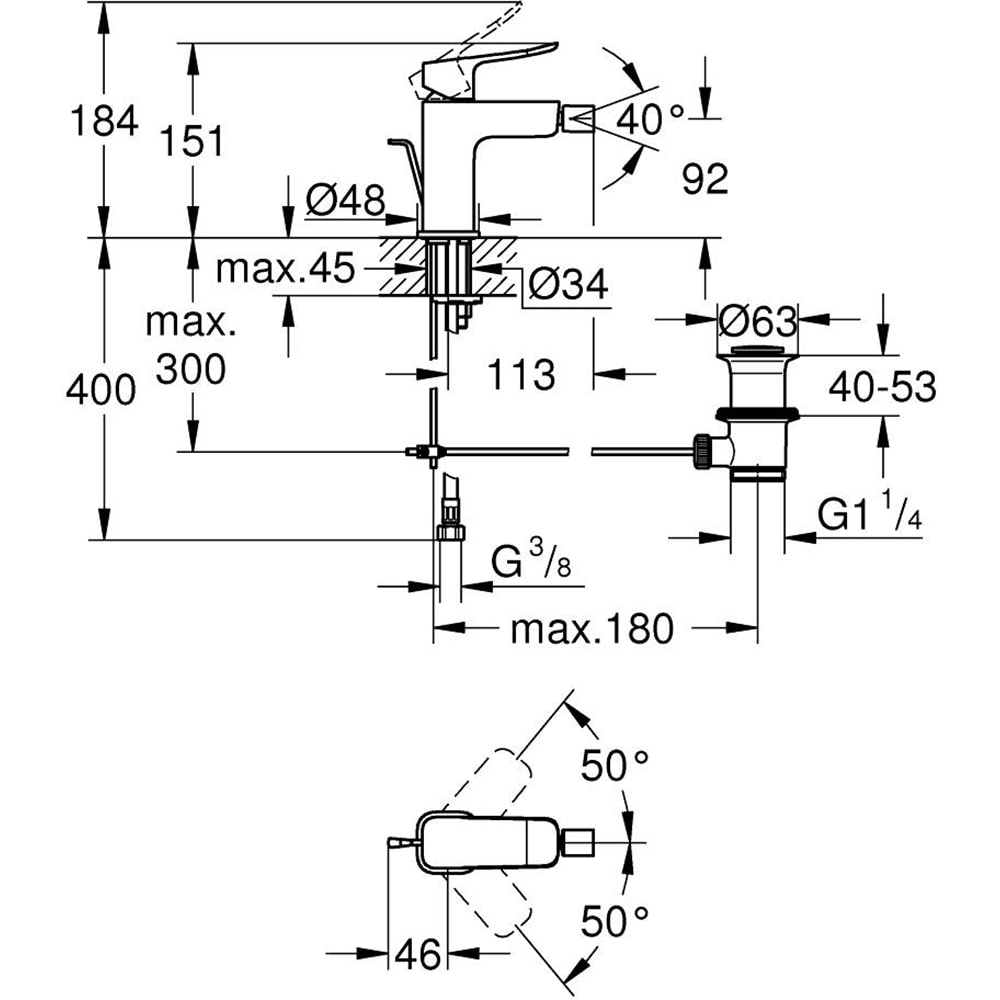 Baterie bideu GROHE Dice 1018770000, marimea S, metal, crom