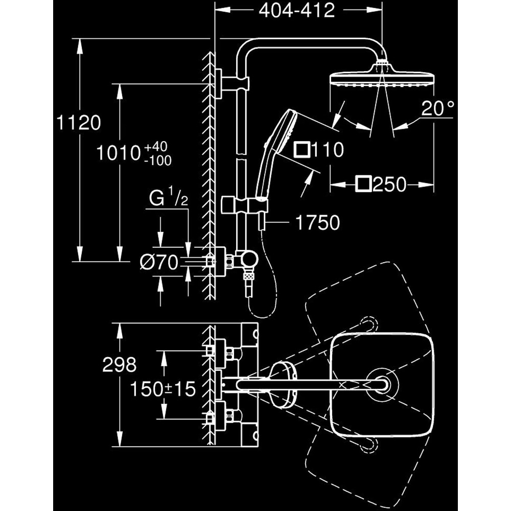 Sistem dus GROHE Vitalio Comfort 250 26697001, termostat, 2 functii, crom