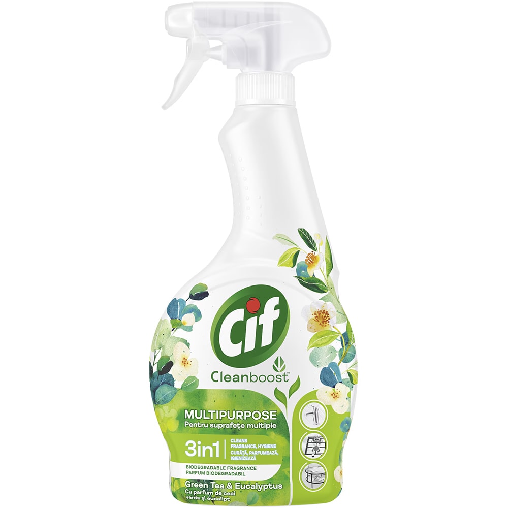 Solutie multisuprafete spray CIF Cleanboost, Ceai verde & Eucalipt, 500 ml