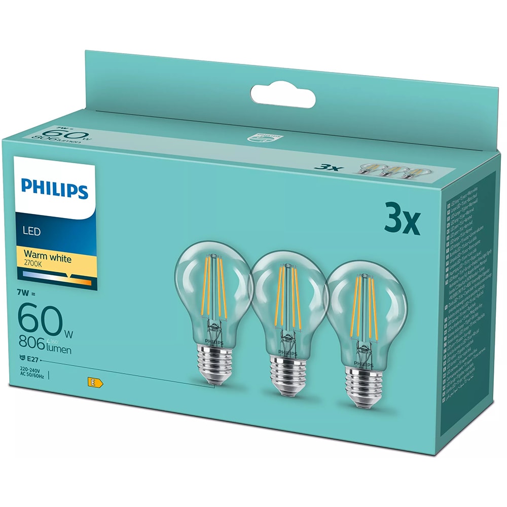 Set 3 becuri filament LED PHILIPS 8718699777777, E27, 7W, 806lm, lumina calda