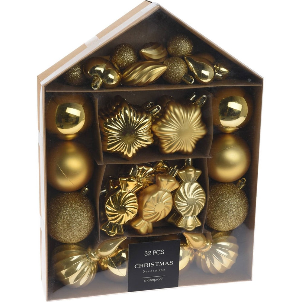 Set 32 decoratiuni pentru brad Craciun, plastic, auriu