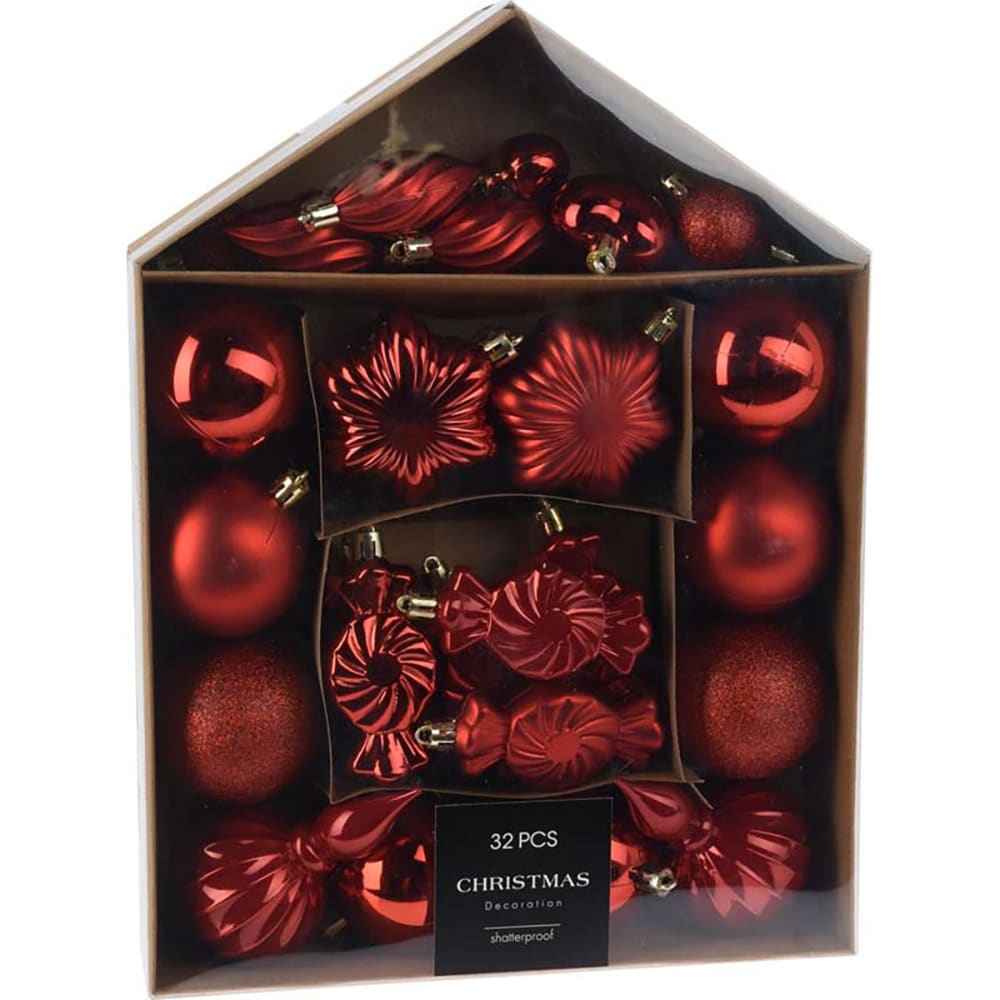 Set 32 decoratiuni pentru brad Craciun, plastic, rosu