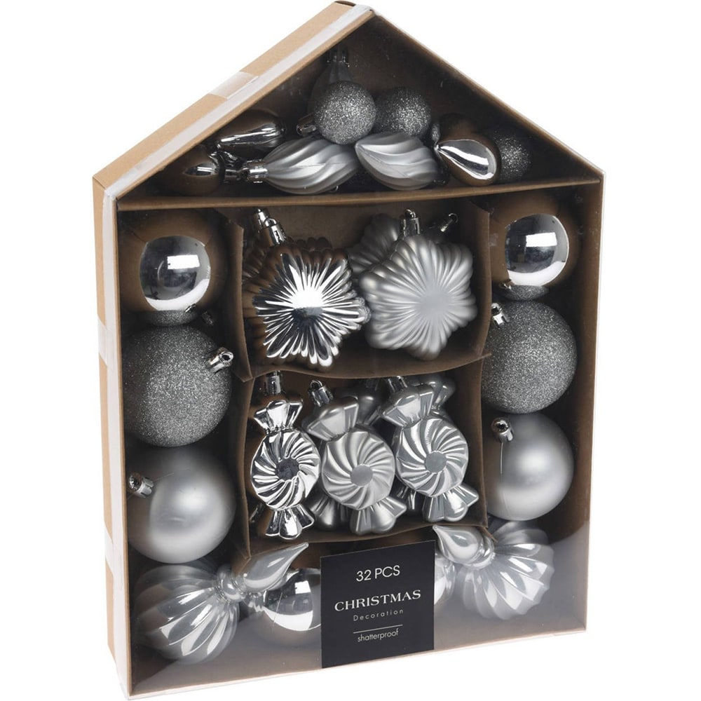 Set 32 decoratiuni pentru brad Craciun, plastic, argintiu