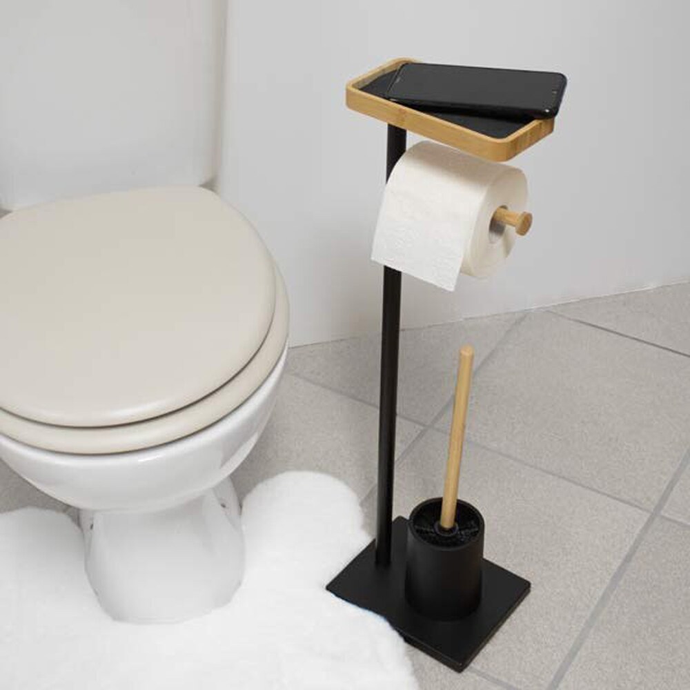 Suport hartie igienica cu perie toaleta FRANDIS 190832, bambus, negru