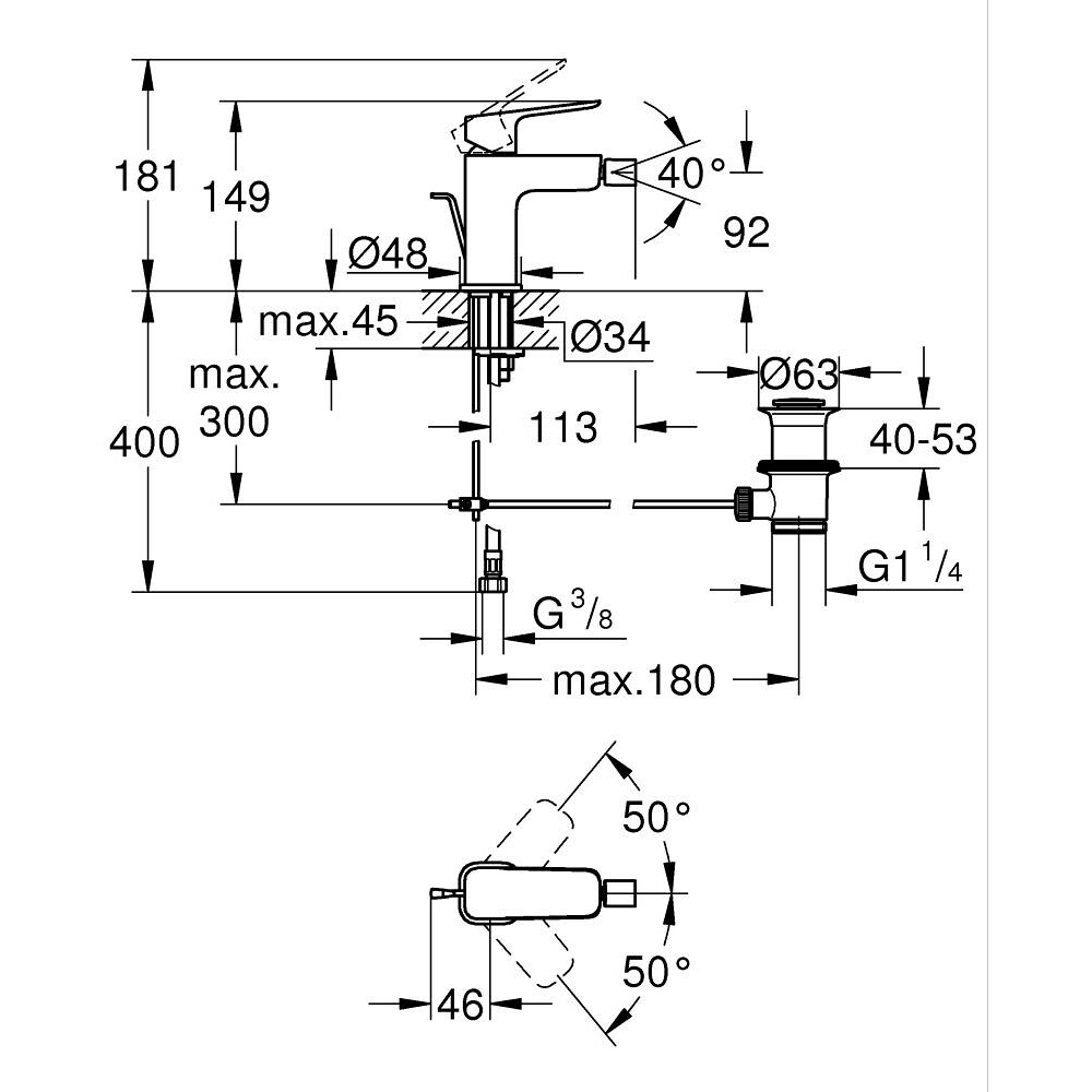Baterie bideu GROHE Cubeo 1018100000, marimea M, alama, crom