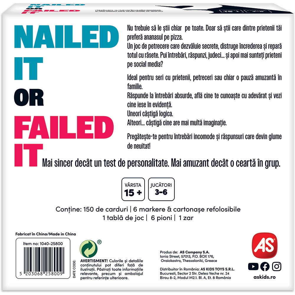 Joc de societate AS GAMES Boardgame Nailed It or Failed It 104025800, 15 ani+, 3-6 jucatori