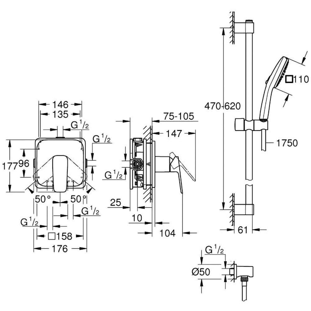 Baterie dus GROHE Cubeo 1053352430, set dus, alama, negru