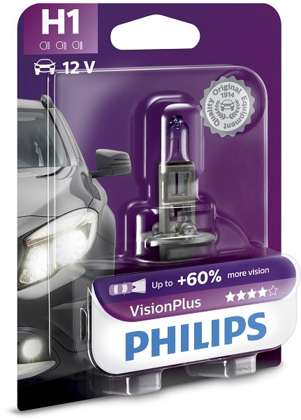 Bec auto far halogen PHILIPS H1 Vision Plus+60%, 12V, 55W, P14.5S, blister 1 bucata