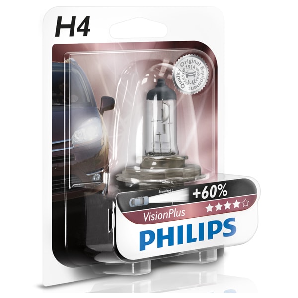 Bec auto far halogen PHILIPS H4 Vision Plus+60%, 12V, 60/55W, P43T-38, blister 1 bucata