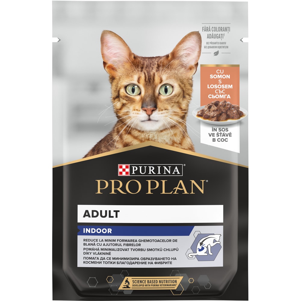 Hrana umeda pentru pisici PURINA PRO PLAN Indoor, Adult, Somon in sos, 26 x 85 g
