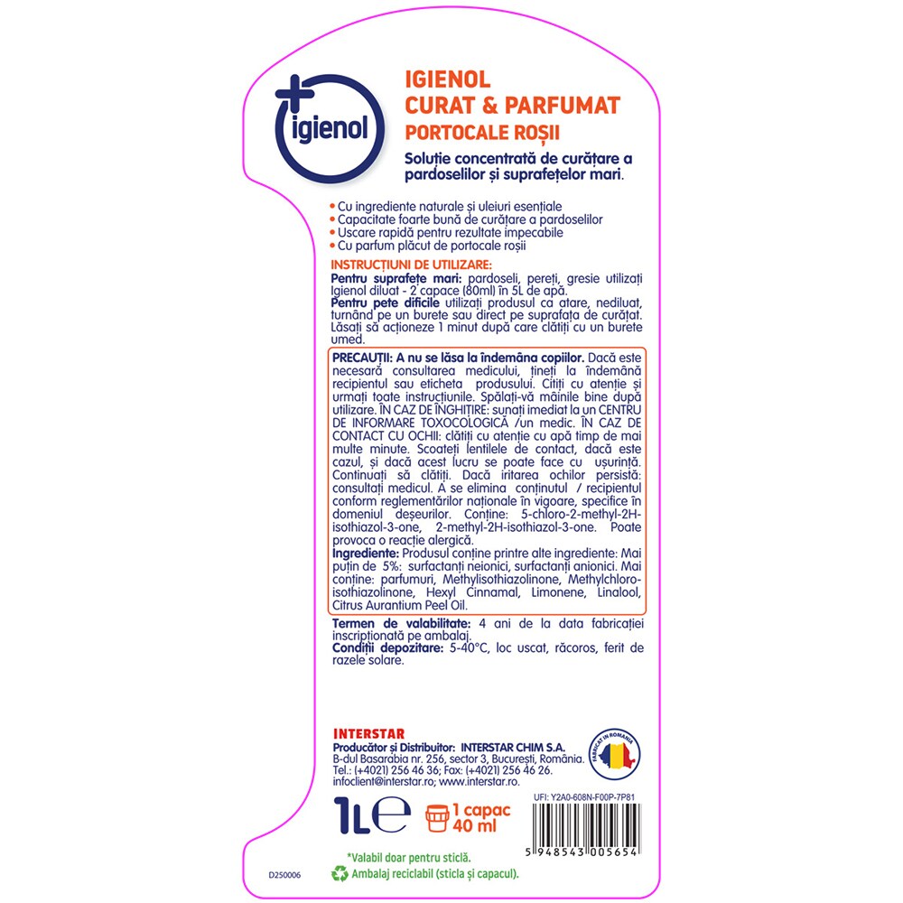 Solutie de curatare pardoseli IGIENOL Curat & Parfumat, Portocale rosii, 1 l