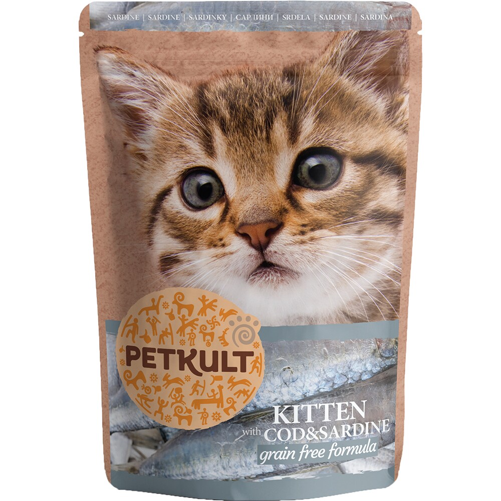 Hrana umeda pentru pisici PETKULT, Junior, Cod si Sardine, 10 x 100 g