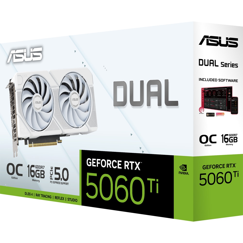 Placa video ASUS Dual GeForce RTX 5060 Ti White OC Edition, 16GB GDDR7, 128bit, DLSS 4, DUAL-RTX5060TI-O16G-WHITE
