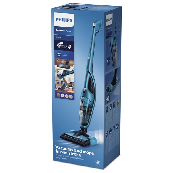 Aspirator vertical PHILIPS PowerPro Aqua FC6404/01, 0.6l, 18V, autonomie max 60 min, PowerCyclone, albastru