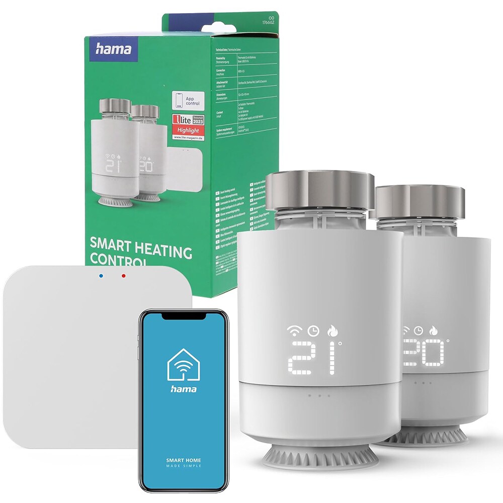 Set control incalzire HAMA 176662, 2 termostate, unitate de control, Wi-Fi, alb