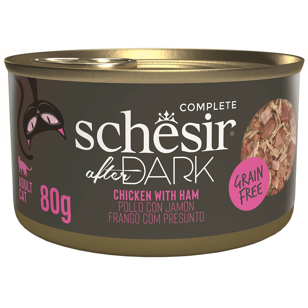Hrana umeda pentru pisici SCHESIR After Dark, Adult, Pui si Sunca, 12 x 80 g