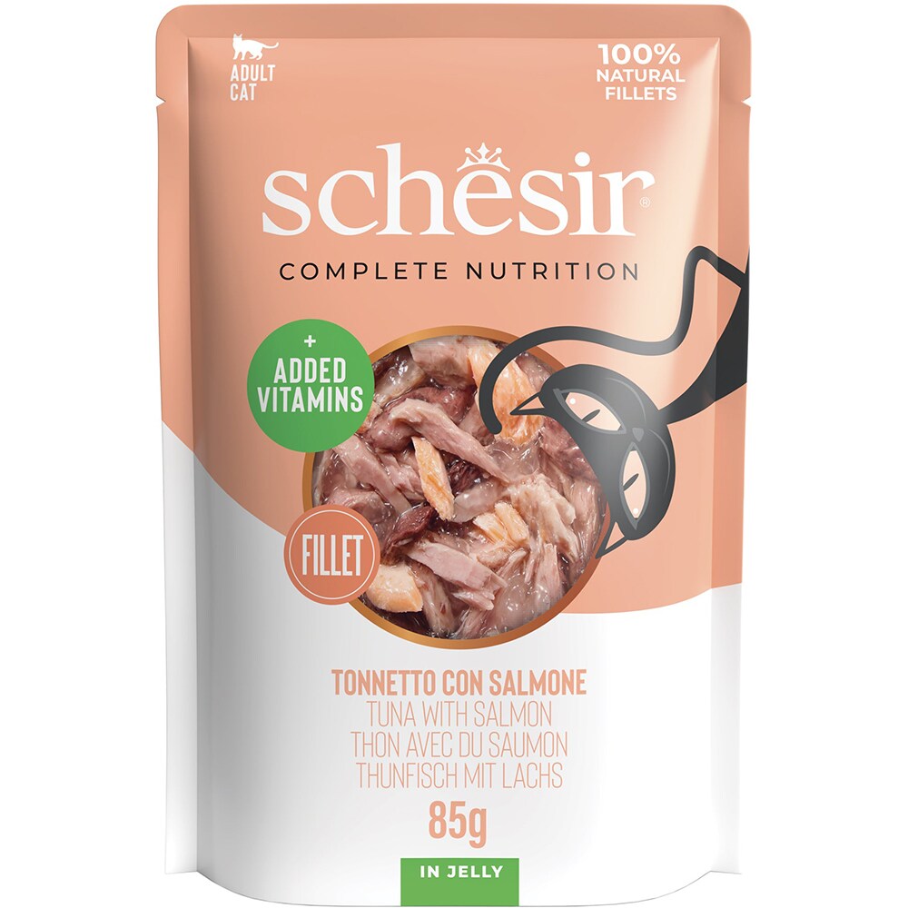 Hrana umeda pentru pisici SCHESIR, Adult, Ton si Somon in aspic, 85 g