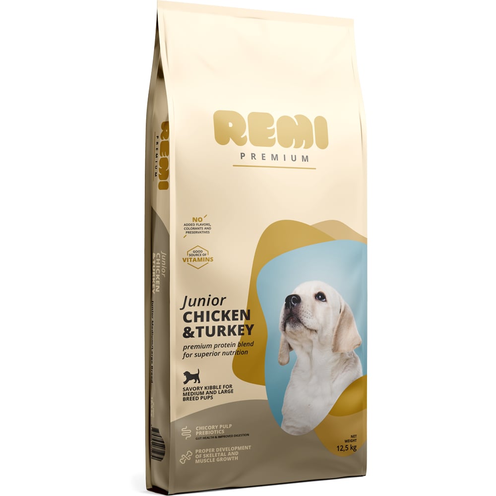 Hrana uscata pentru caini REMI PREMIUM, Medium & Large, Junior, Curcan, 12.5 kg