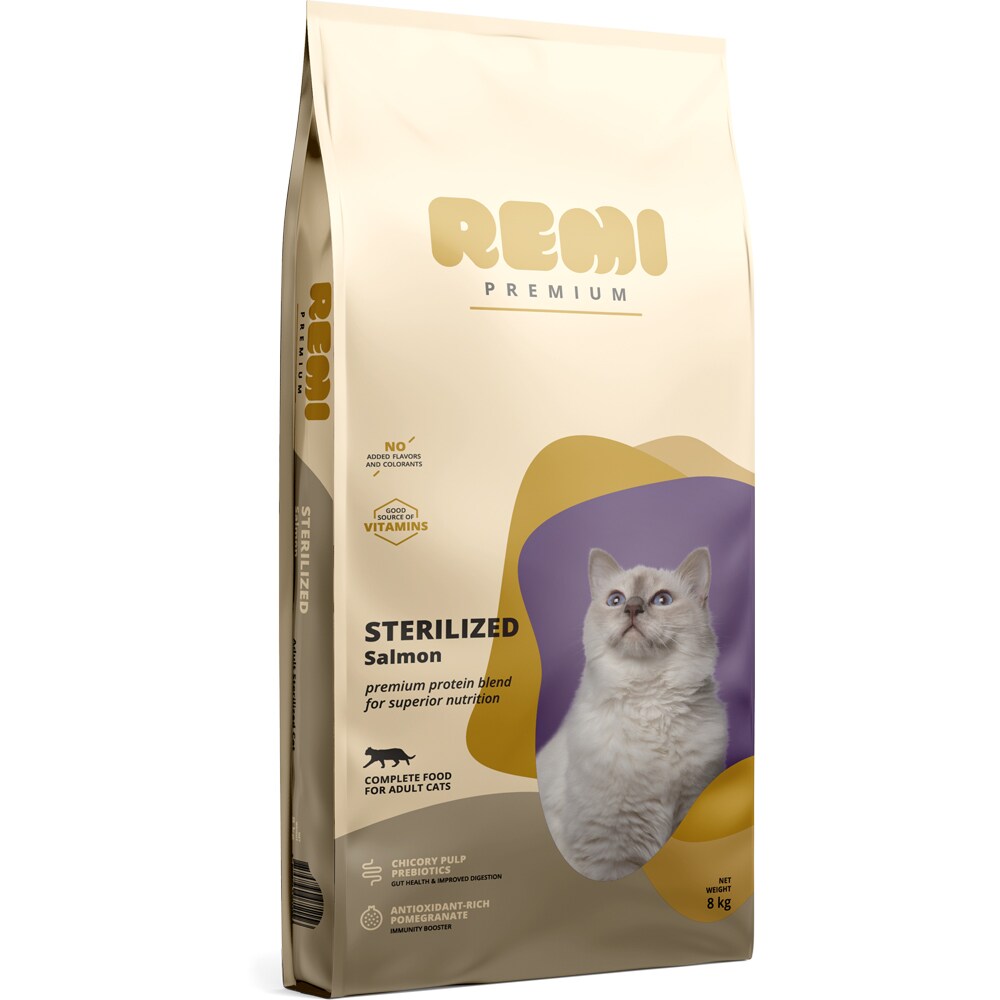 Hrana uscata pentru pisici REMI PREMIUM Sterilized, Adult, Somon, 8 kg