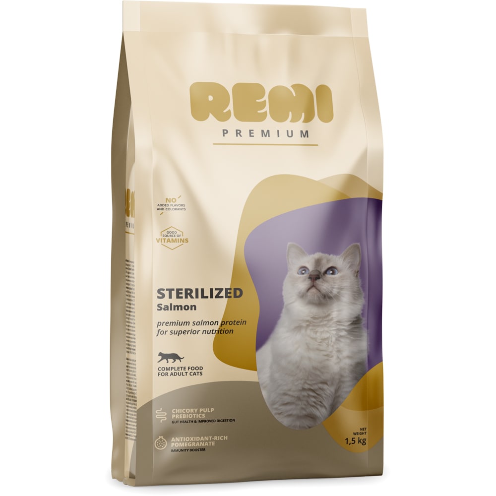 Hrana uscata pentru pisici REMI PREMIUM Sterilized, Adult, Somon, 1.5 kg
