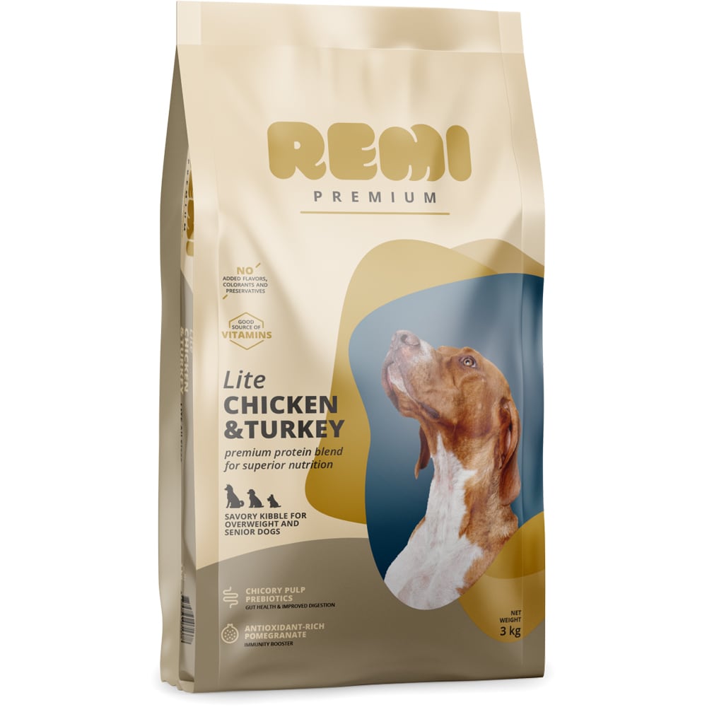 Hrana uscata pentru caini REMI PREMIUM Lite, Senior, Pui si Curcan, 3 kg